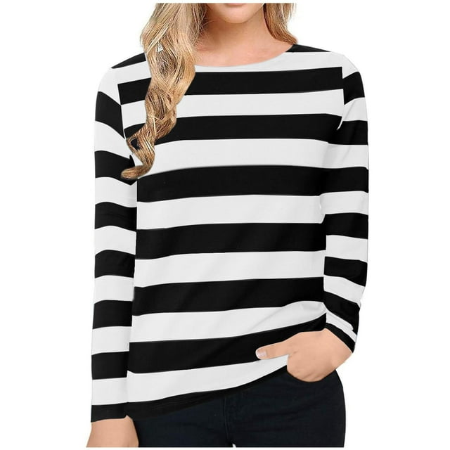 FAIWAD T-Shirt Rayé pour Femmes Tunique Décontractée à Manches Longues Hauts d'Automne Col Rond Tee-Shirt Ample Blouse Basique Grandes Tailles