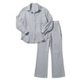 thumbnail image 4 of Women Summer Set Two Pieces Outfit Set Long Sleeve Point Lap Collar Button Down Shirt Wide Leg Pants Casual Vacation Matching Pants Set, 4 of 4