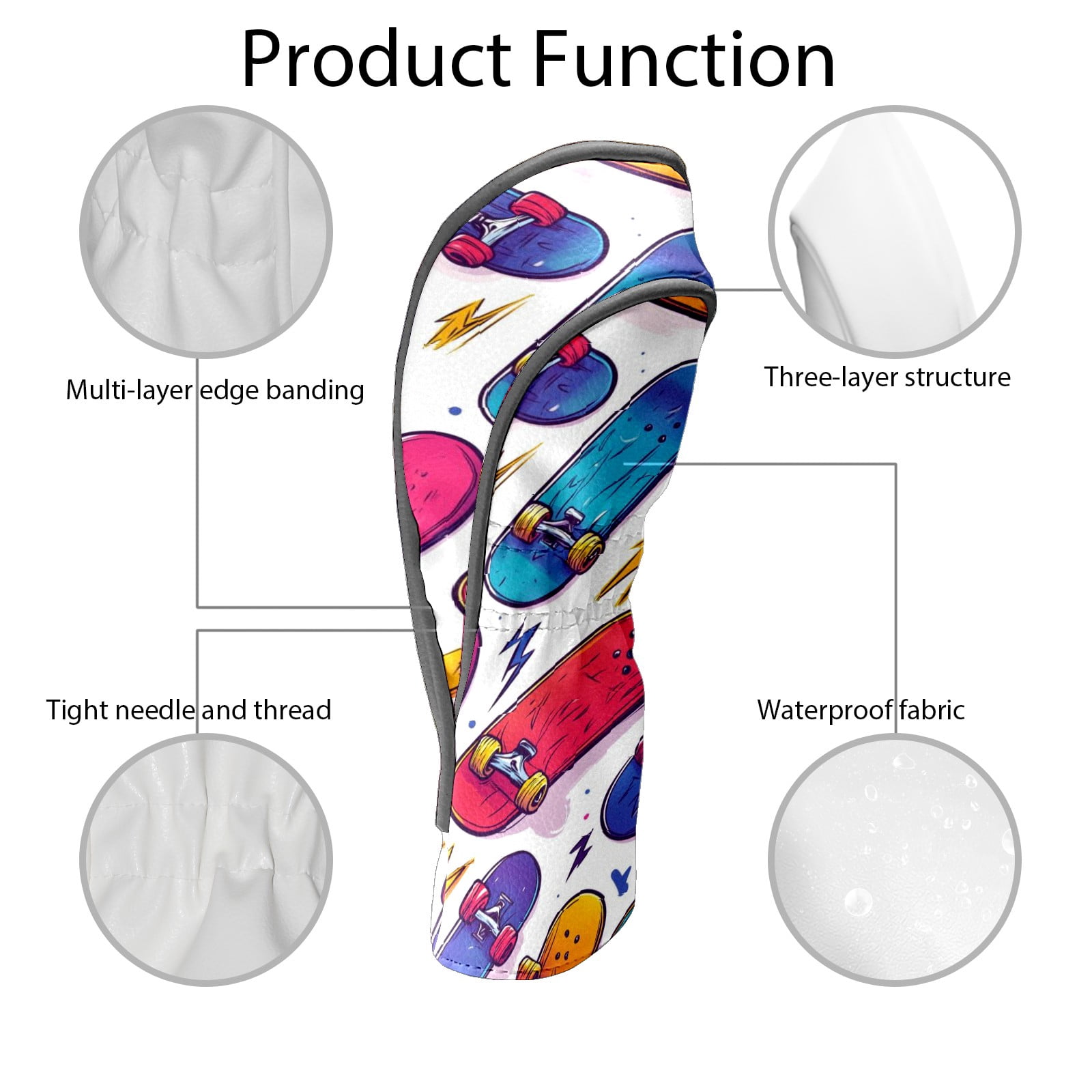 Golf Club Covers PU Leather Waterproof Head Covers for Fairway Woods Hybrids Skateboard Pattern Unisex Fits Most Brands
