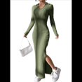 thumbnail image 1 of Vestido Maxi de Punto Acanalado con Cuello en V y Larga para Mujer, con Abertura en el Muslo y Ajustado. Verde M, 1 of 9