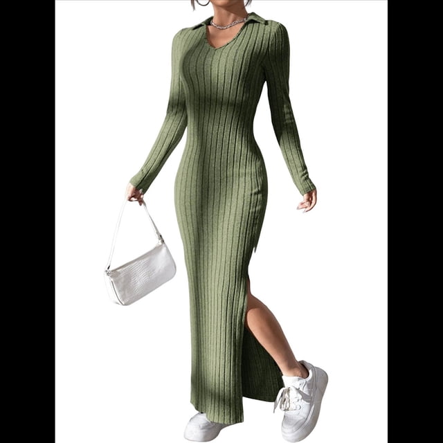 Vestido Maxi de Punto Acanalado con Cuello en V y Larga para Mujer, con Abertura en el Muslo y Ajustado. Verde M