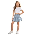 thumbnail image 3 of Girls Light Wash Denim Mini Skirt Elastic High Waist Ruffle Tiered Flared Jean Skirt with Pearl Decor Side Pockets Casual Summer Back to School Daily Kids Fashion Skirt, 3 of 6