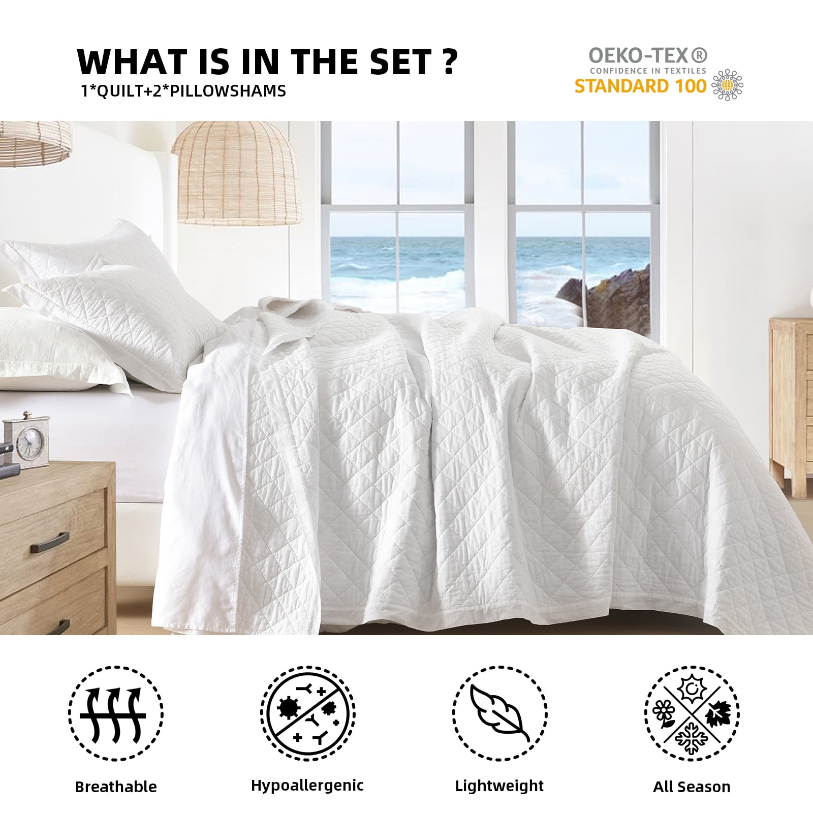 PANGUSHAN 100% Cotton Queen Quilt Set, Elegant Diamond Pattern Solid Color Queen Size Quilt Bedding Set Bedspreads, Reversible Quilted Lightweight Comforter, White Bed Spread for Queen Bed, 3pcs