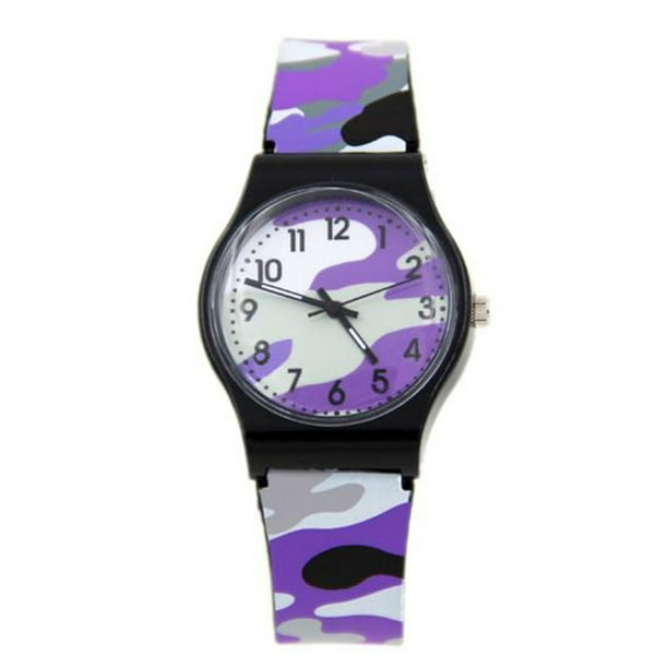 Reloj de pulsera de cuarzo con diseño de camuflaje para niños y niñas, color morado.