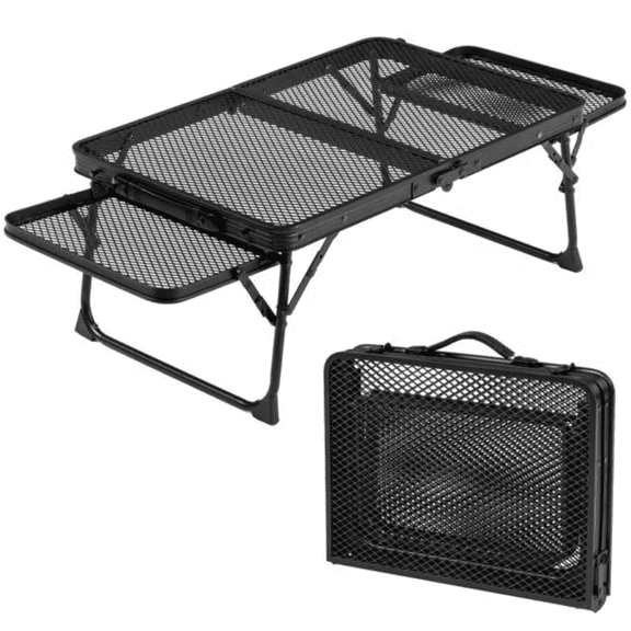 SROEDTY 40 Inch Folding Metal BBQ Grill Table, Adjustable Height Outdoor Cooking Table with 2 Side Tables, Lightweight Portable Design for Camping, Picnic and Backyard Barbecue