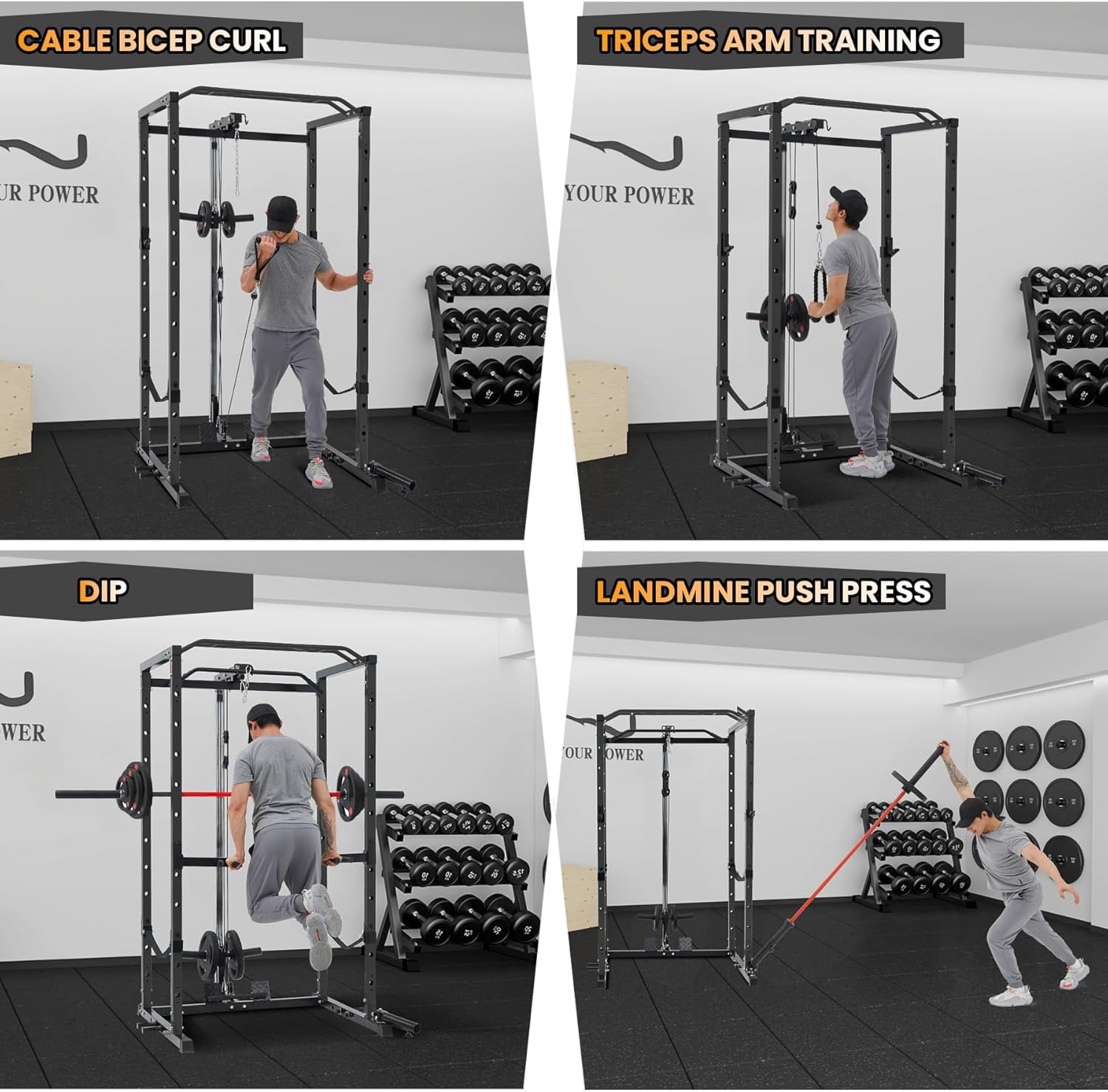 Hetoy 1600 Lbs Power Rack for Home Gym Squat Rack with Cable Pulley System & LAT Pull Down Workout Cage Strength Training Weight Cage with Dip Bar & J Hooks for Multiple Exercises,Black