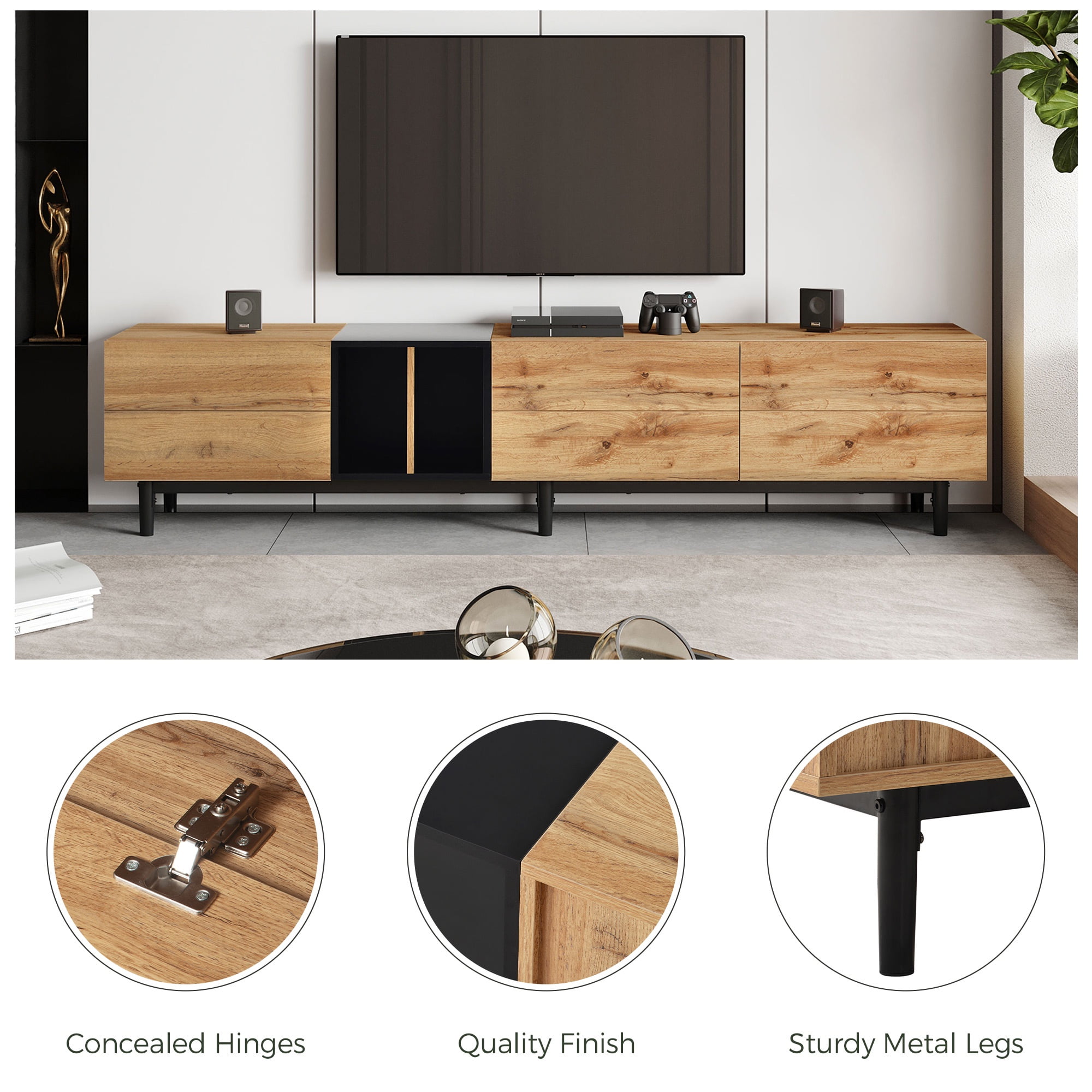 PORKISS TV Stand for 80 Inch TV, Entertainment Center with Storage Shelves, Media Console with Metal Legs for Living Room, Natural Wood