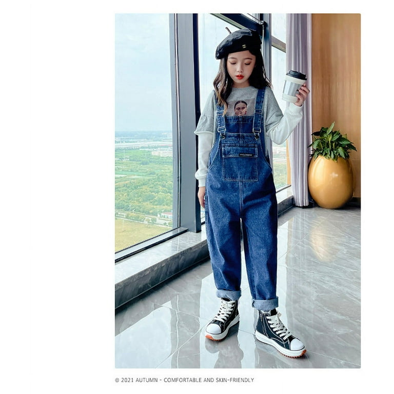 【RONRON】24SS OVERALLS DENIM PANTS Rolanko Girls Overalls Denim Bib Distressed Jumpsuit Kids