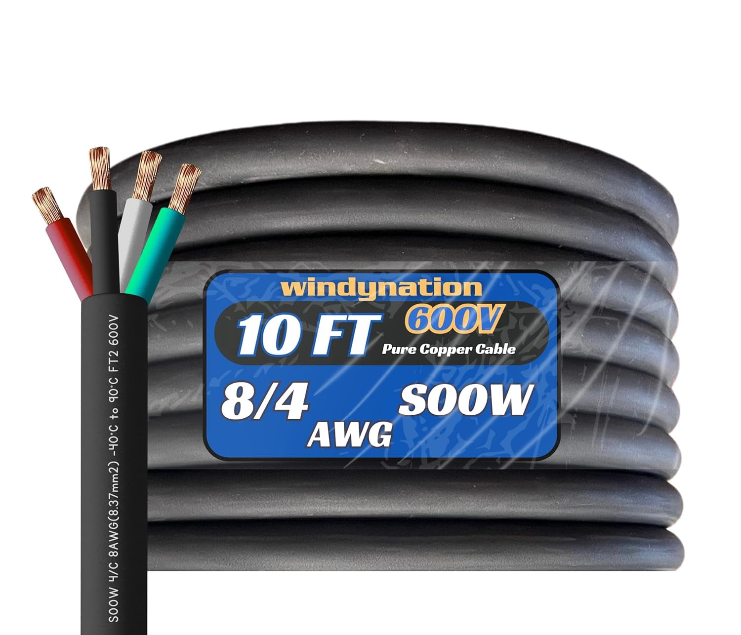 10 Feet 8/4 8 AWG SOOW SO Cable Cord Wire - 8 Gauge 4 Conductor 600V Portable Power Extension Cord Cable for EV Chargers, Motor Leads, Portable Lights, Battery Chargers, and Machinery