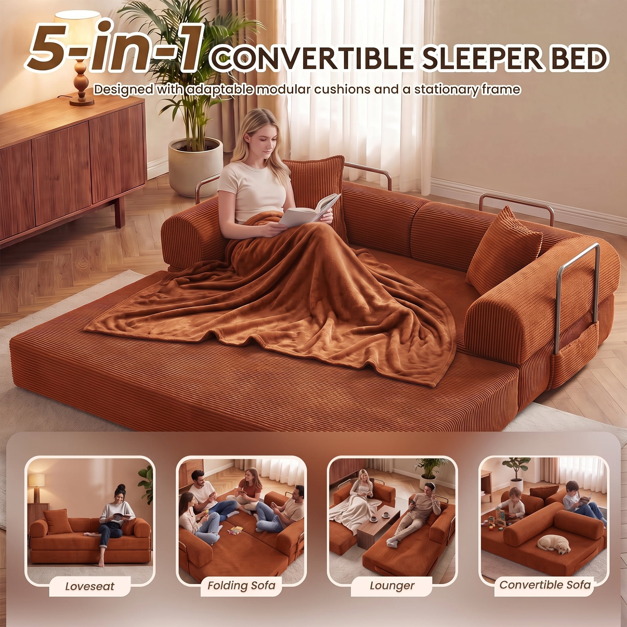 Aukfa 79" Convertible Futon Sofa Bed with Fixed Frame, 5-in-1 Boneless Couch for Living Room, Corduroy, Orange