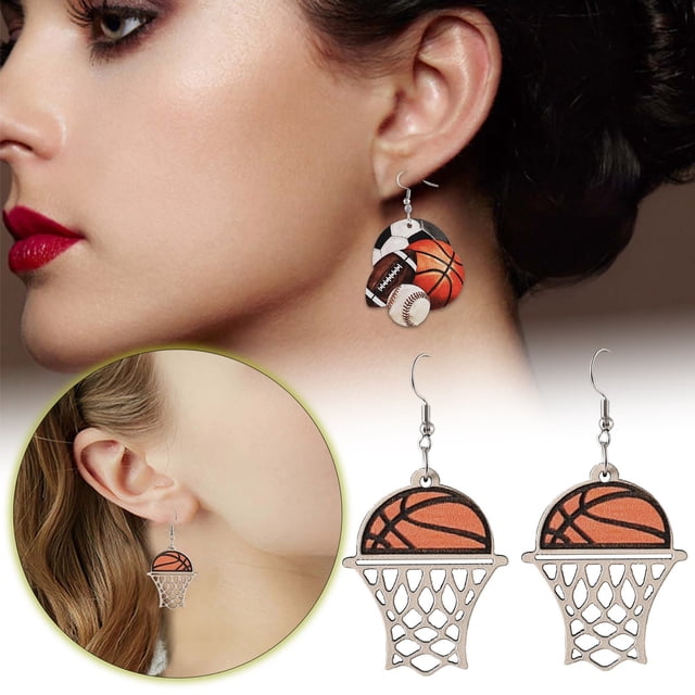 Elegant Wood Flower Football Baseball Basketball Pendant Earrings for Everyday Style in Classic Jewelry