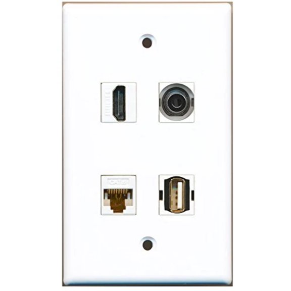 RiteAV - 1 Port HDMI 1 Port USB A-A 1 Port 3.5mm 1 Port Cat6 Ethernet White Wall Plate