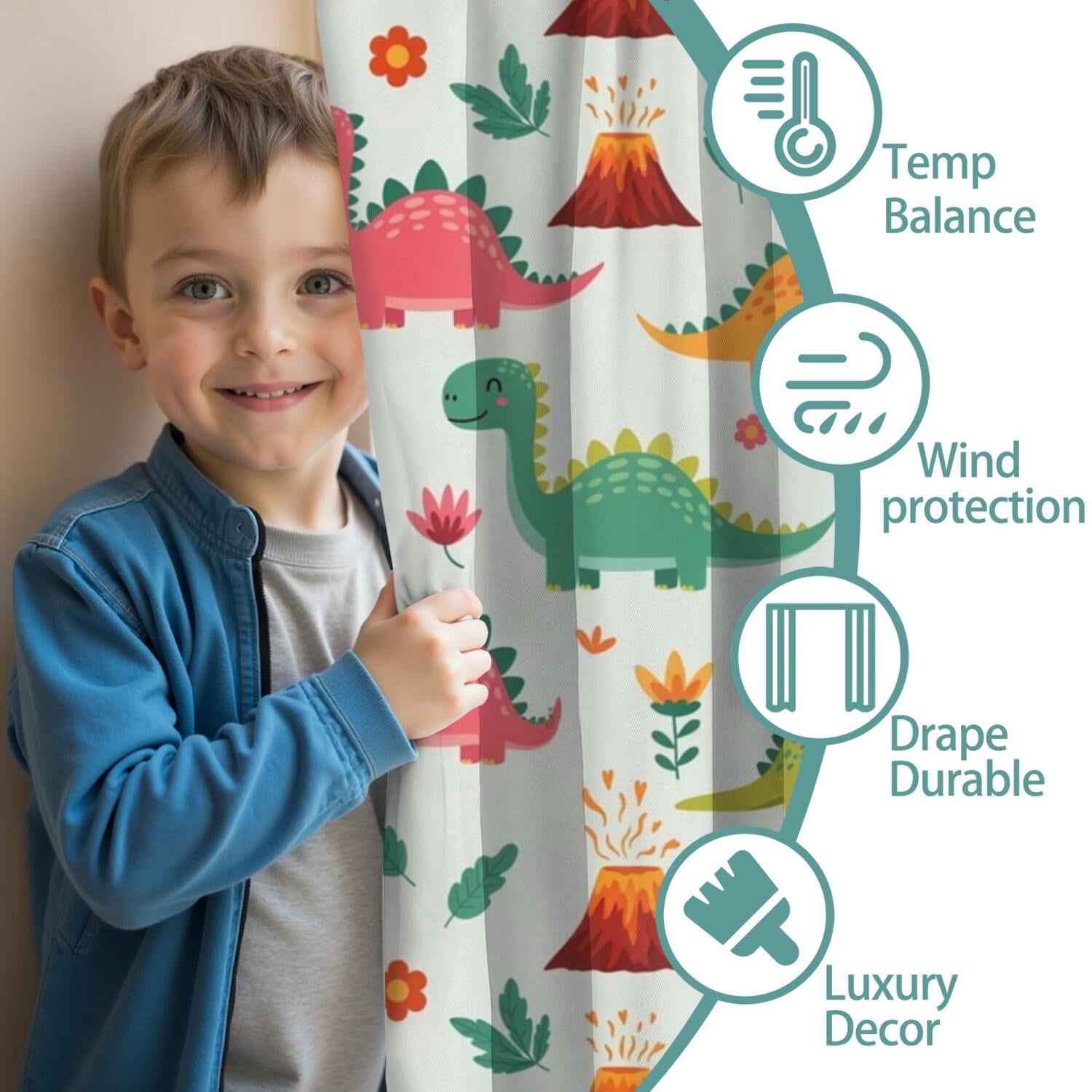 Blackout Kids Curtains,Dinosaur and Volcano Pattern Childrens Insulated Curtains Set Of 2,Bedroom Essentials,Toddler Room Decor 52"x84"