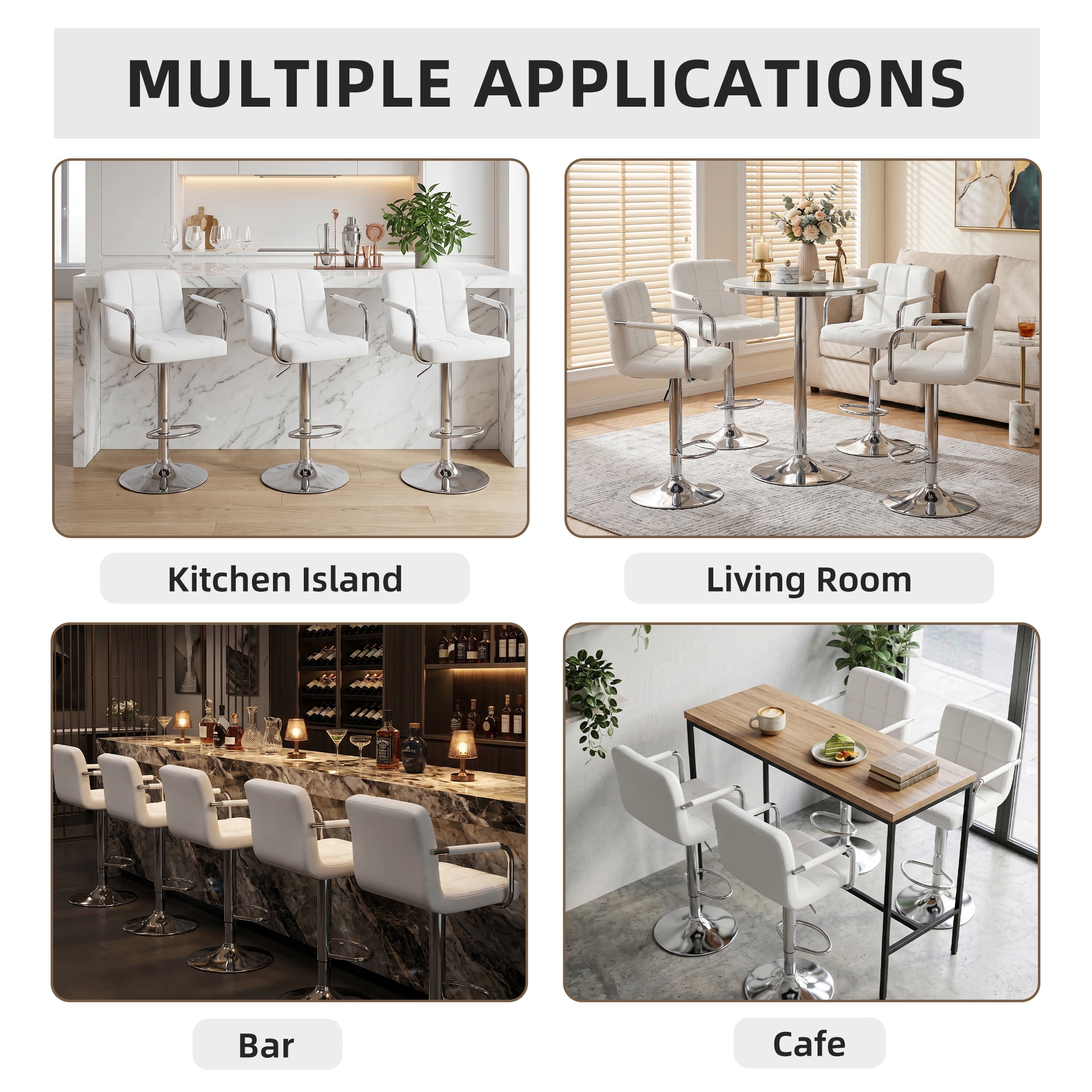 CONCETTA Set Of 2 Swivel Bar Stools With Armrests, Made of Adjustable Pu Leather with Back & Footrest,White