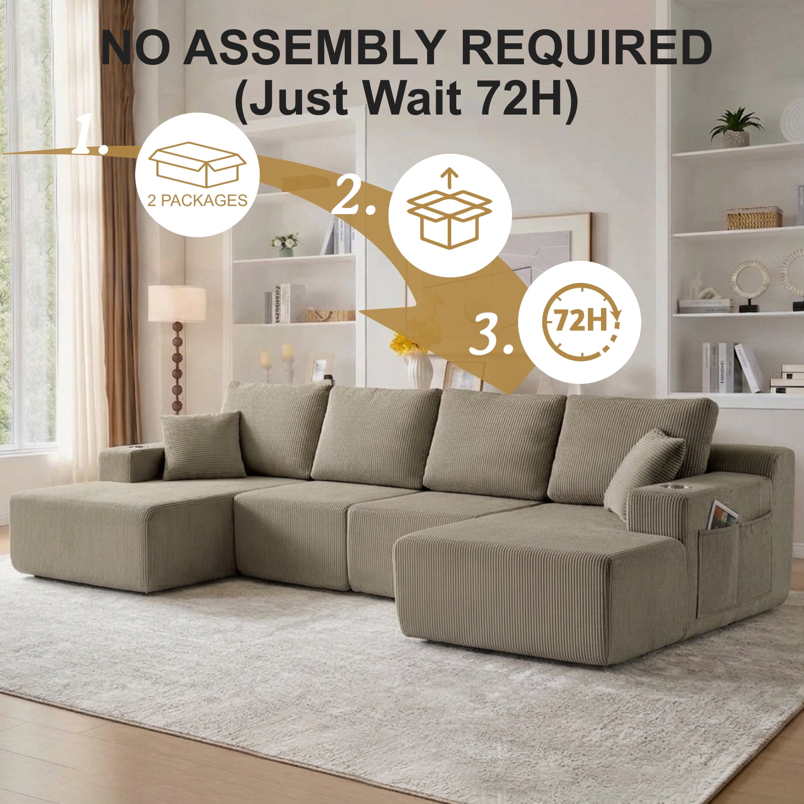 Leumius 130" U Shaped Sectional Couches with Chaise,Modern Deep Seat Boneless Corduroy Cloud Modular Sofa for Living Room,taupe