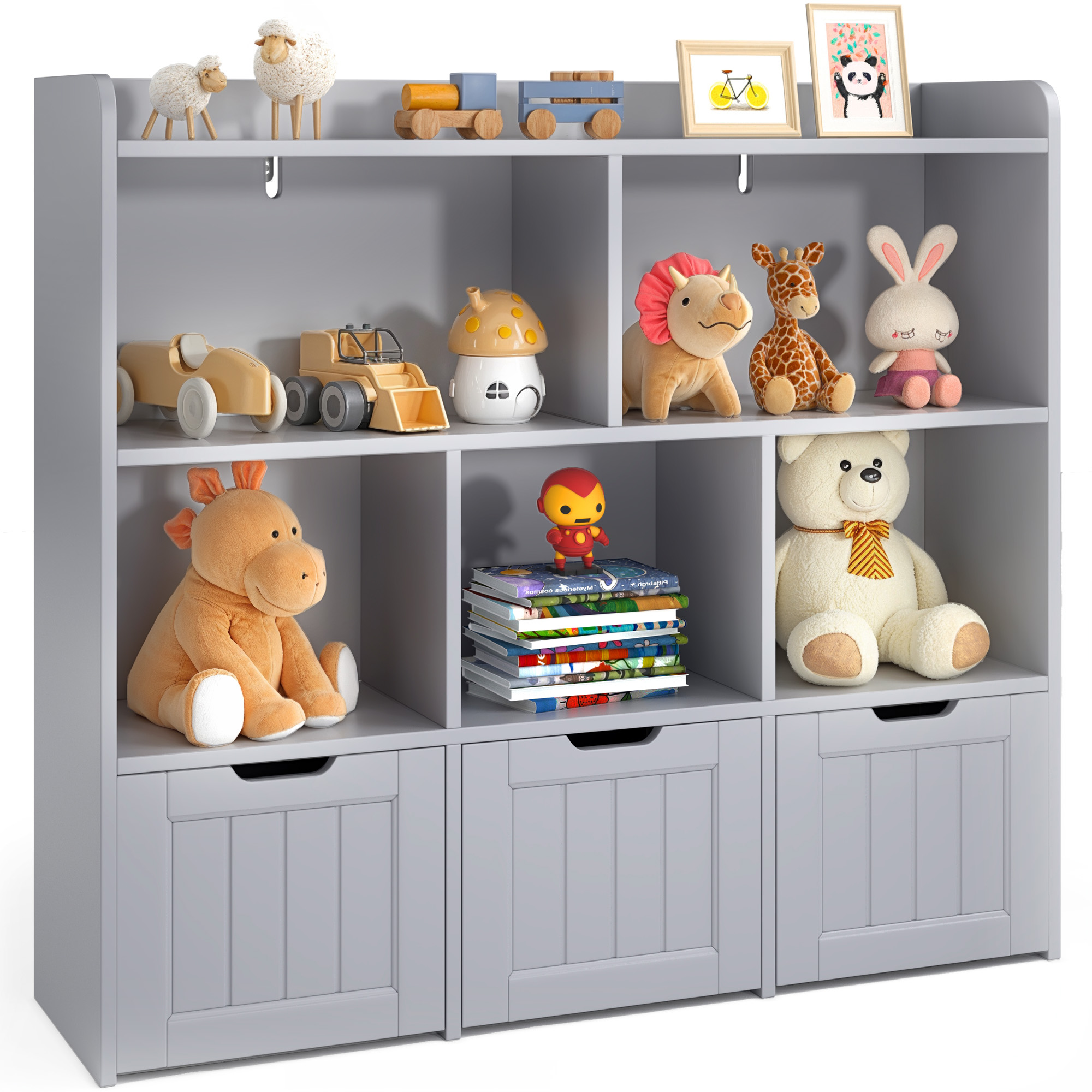 Noelse Toy Storage Cabinet and Kids Bookcase with 3 Movable Drawers and 6 Open Shelves Featuring Fall Prevention Barrier for Playroom Nursery Kids Room Organization, Gray