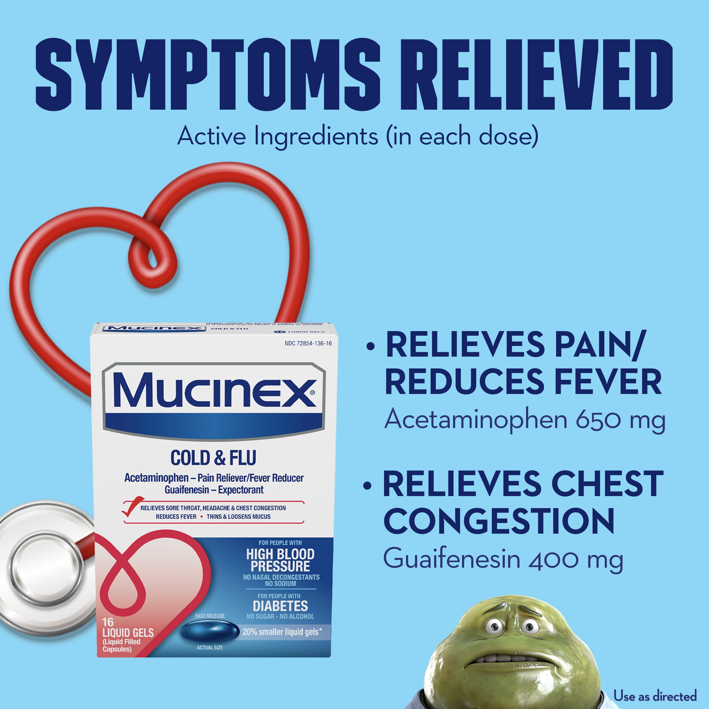 (2 pack) Mucinex Cold & Flu Fast Release Liquid Gels for people with High Blood Pressure & Diabetes, 16ct.