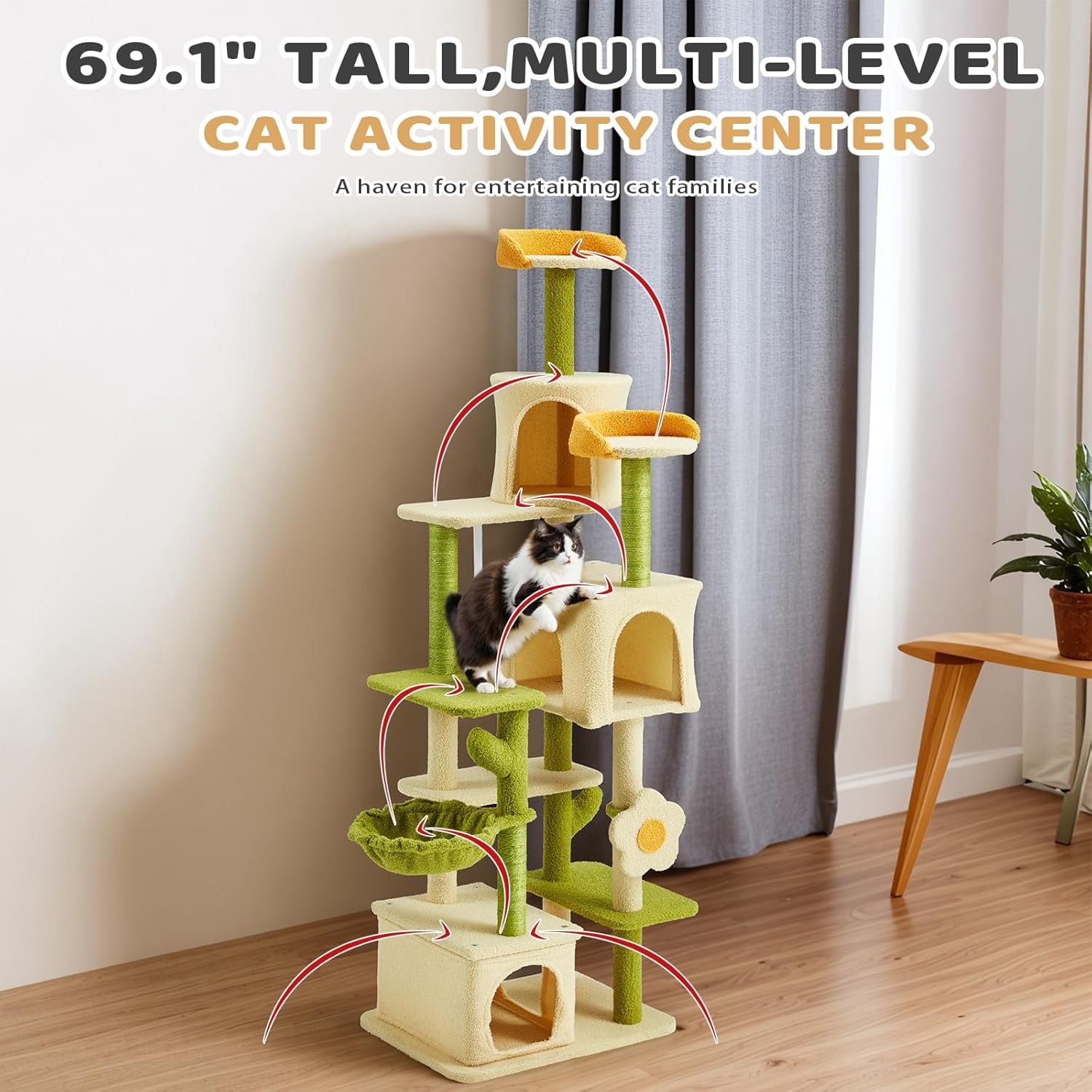 Flower Cat Tree, 69.1 Inches Cat Tower for Indoor Kitties Large Adult, Multi-Level Kitty Tower with Scratching Post, Condos, Top Perches, Furniture for Pet Activity Center