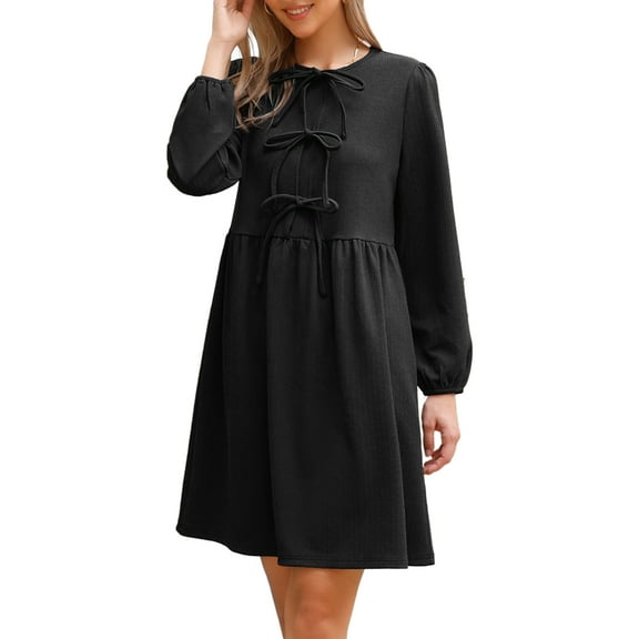 DARING DIVA Babydoll Puff Long Sleeve Bow Tie Front Tunic Dress XS Black