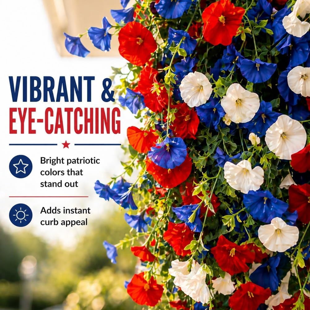 29.53'' Artificial Hanging Baskets with Red White and Blue Flowers, Artificial Flowers, Flower Basket, Hanging Plant for Home Porch Patio Garden Balcony Yard Decor(2pcs)