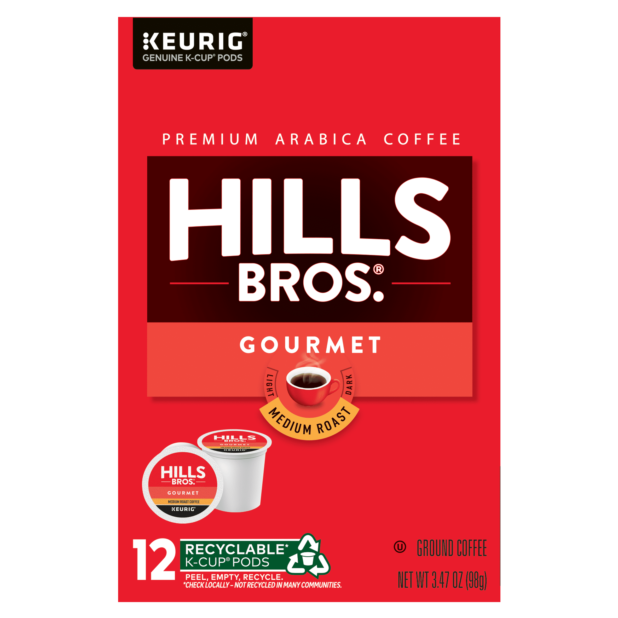 Hills Bros. Gourmet Blend 100% Arabica Medium Roast, K-Cup® Coffee Pods, 12-Count Box