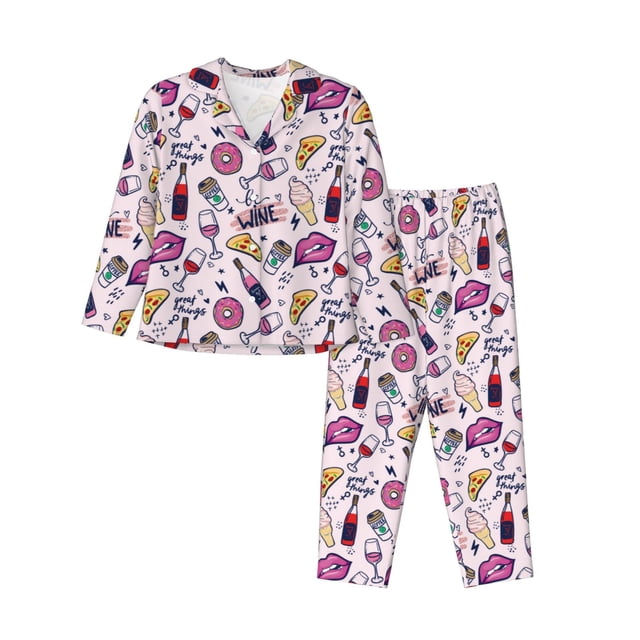 Fotbe Wine Conjunto de Pijama de Manga Larga para Mujer con Estampado, Ropa de Dormir de 2 Piezas, Conjunto de Casa Suave y Cómodo con Bolsillos-Large