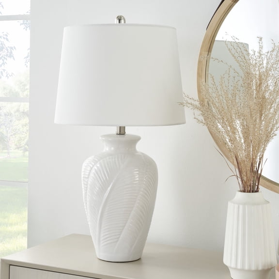 Nourison 26" White Textured Feather Ceramic Urn Table Lamp
