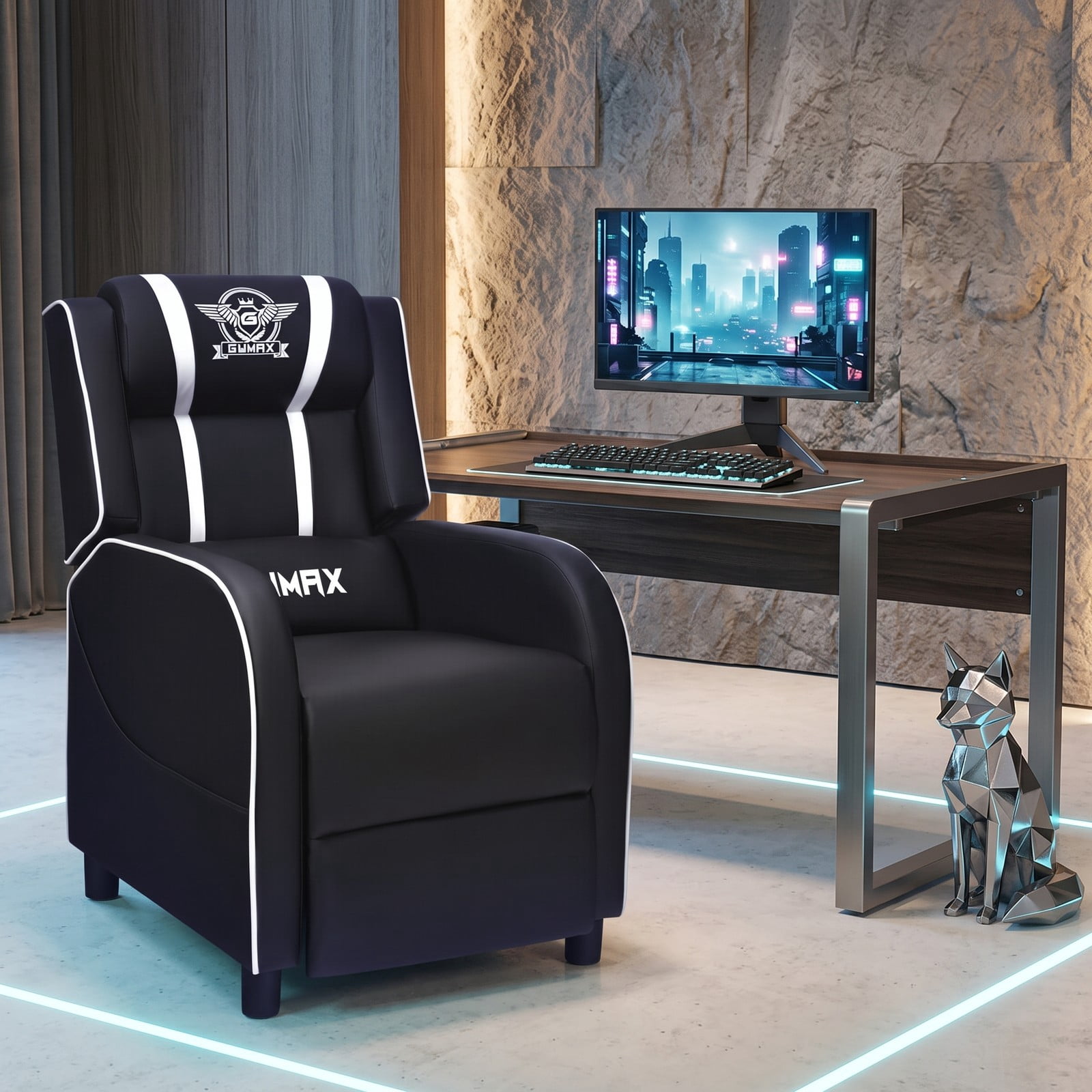 Furnibear Massage Gaming Recliner Chair, Ergonomic PU Leather Racing Style Reclining Sofa with Footrest, Lumbar Massage, Headrest Pillow and Remote for Home, White