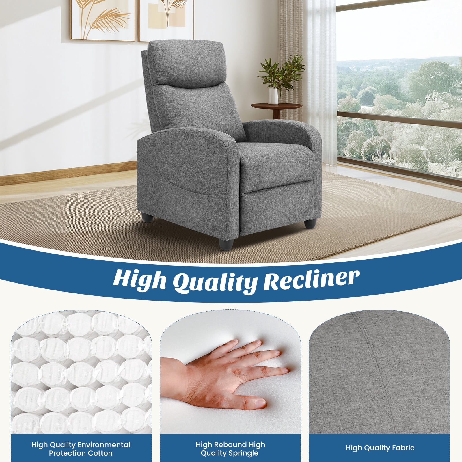 JIOABL Recliner Sofa, Adjustable Comfort Footrest for Living Room, Lounge, Bedroom, Gray