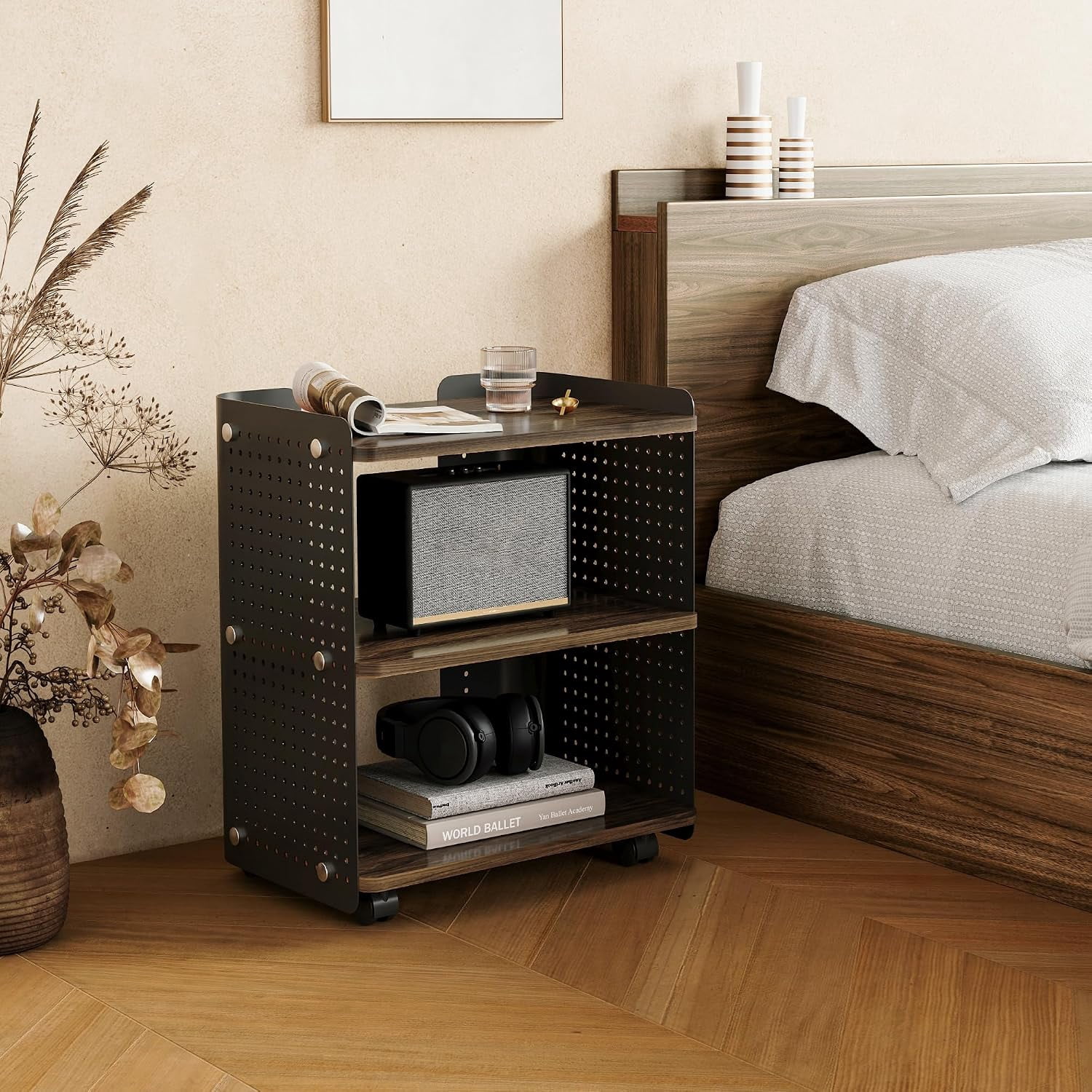 Fenge 3-Tier Rolling Printer Stand with Pegboard Storage, Brown, 17.8 x 13.2 x 21.8 in