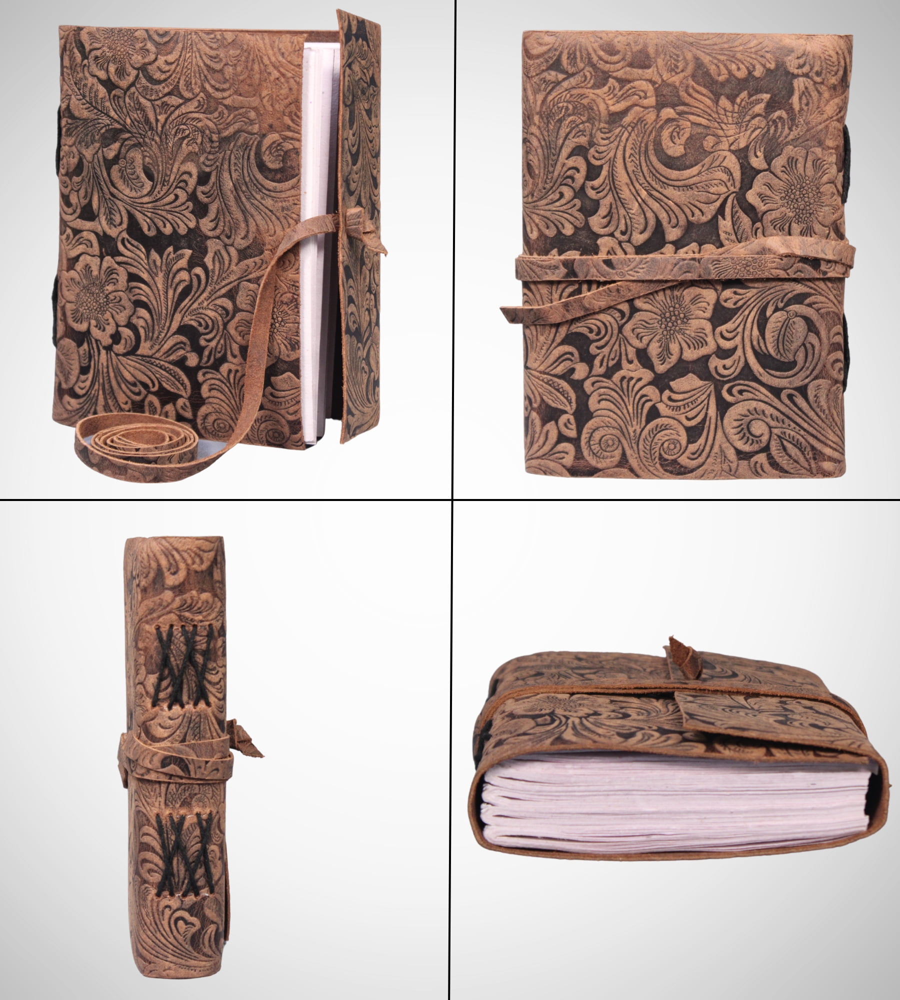 Flower Embossed Journal Book Of Shadow Genuine Leather Diary Handmade Sketchbook Brown Notebook For Writing Unlined Pages