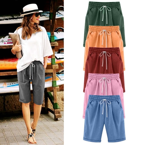 MASRIN Red Cotton Linen Shorts for Women Summer Casual Knee Length Bermuda Shorts Solid Color Dressy Pull On Shorts with Drawstring XL