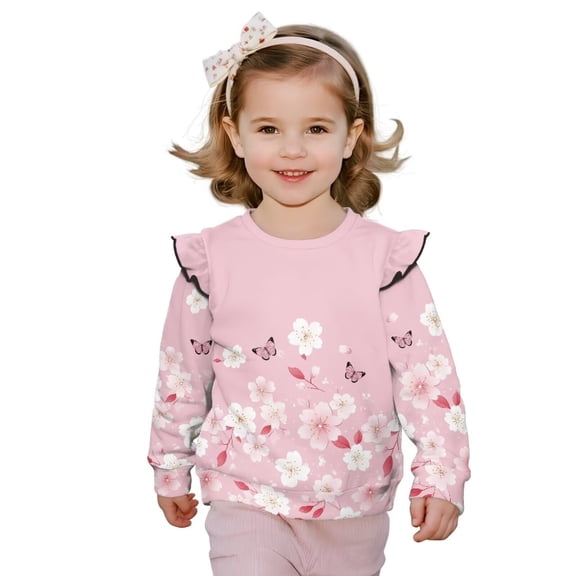 Uorisanigo Sweatshirt Girls Crewneck Long Sleeve Pink Cherry Blossom Butterfly Sweatshirt Shirts Top 1-8T Casual Ruffle Shoulder Pullover Tops Sweaters T-Shirts