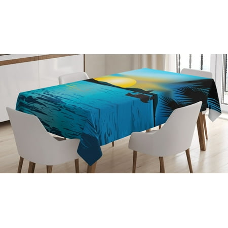 

Ambesonne Sea Tablecloth Rectangular Table Cover Calm Sunrise Fishing Boat 60 x90 Azure Blue Orange