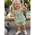 thumbnail image 4 of Loicainy Toddler Baby Girl Summer Outfits 6 12 18 24 Months 2T 3T 4T Plaid Bowknot Front Fly Sleeve Crew Neck Tops Elastic Waist Shorts 2Pcs Clothes Set, 4 of 9