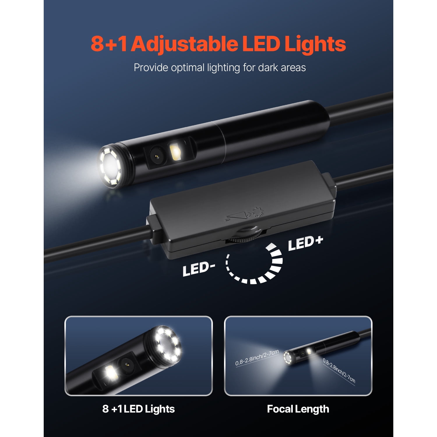 KFFKFF Endoscope Camera with Light, Dual Lens Borescope for Android & IOS, 1920P HD Inspection Camera with 9 LED Lights, 2X Zoom, 10FT Snake Cable, IP67 Waterproof for Automotive and Plumbing