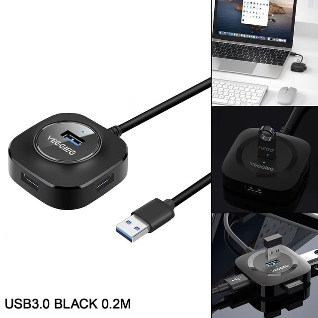 Conector centrador USB de 4 puertos Adaptador divisor Extensor de expansión para computadora portátil, computadora portátil, mouse, escritorio Usb3.0 negro 0.2m shamjiam Divisor de hub