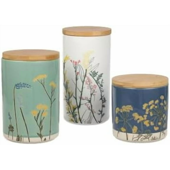 3-pc Decorative kitchen canisters for countertop, Storage containers for Coffee, Sugar, Spice & Dry Food, White 8.3", Pista Green 6.9", Cobalt Blue 4.7"; Ceramic Canister Set with Bamboo lid