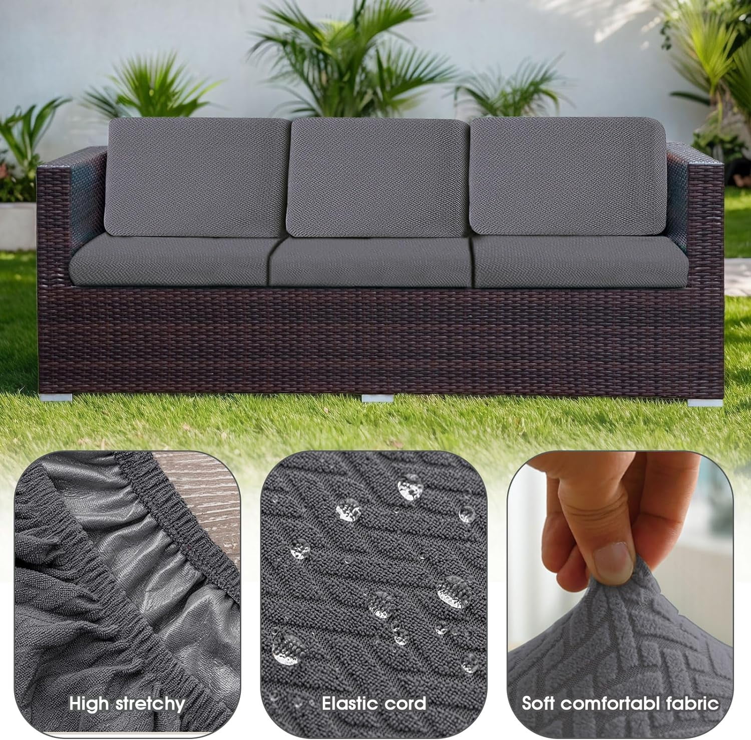 6 Pack 100% Waterproof Patio Sofa Cushion Covers, Stretch Outdoor/Indoor Individual Seat Cushion Cover Furniture Protector Sofa Slipcover, Dark Gray