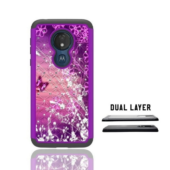 Phone Case for Straight Talk Moto g7 Optimo  Prepaid Smartphone/ Moto G7 Play, Studded Rhinestone Crystal Bling Shockproof Cover Case (Dark Purple Butterfly)