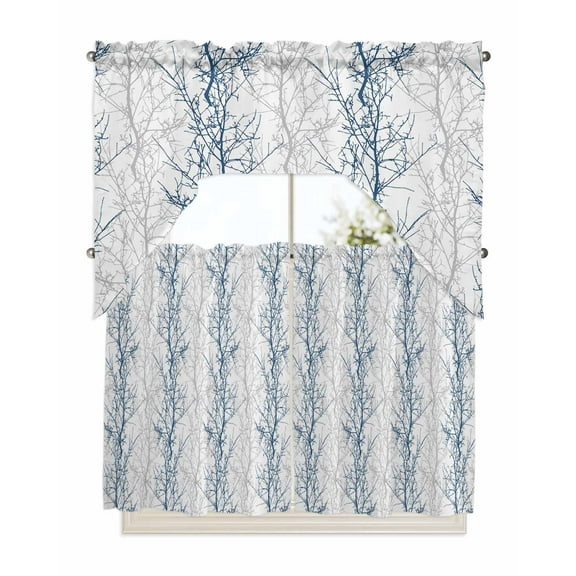 Navy Blue Grey Branch Kitchen Curtain and Valance Set 3 Pieces,Rod Pocket Short Tier Curtains 36 Inch Length,Spring Summer Pastoral Botanical Swag Topper Small Window Treatment for Cafe Bathroom