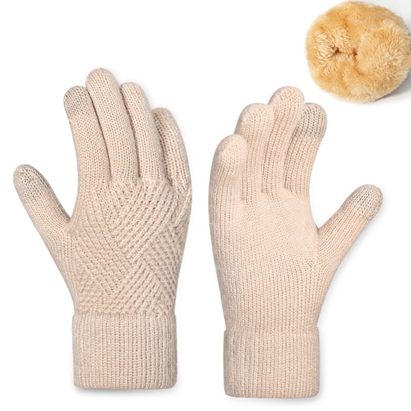 Beige Cold Weather Gloves With Knit Design And Touch Screen Feature For Outdoor Activities