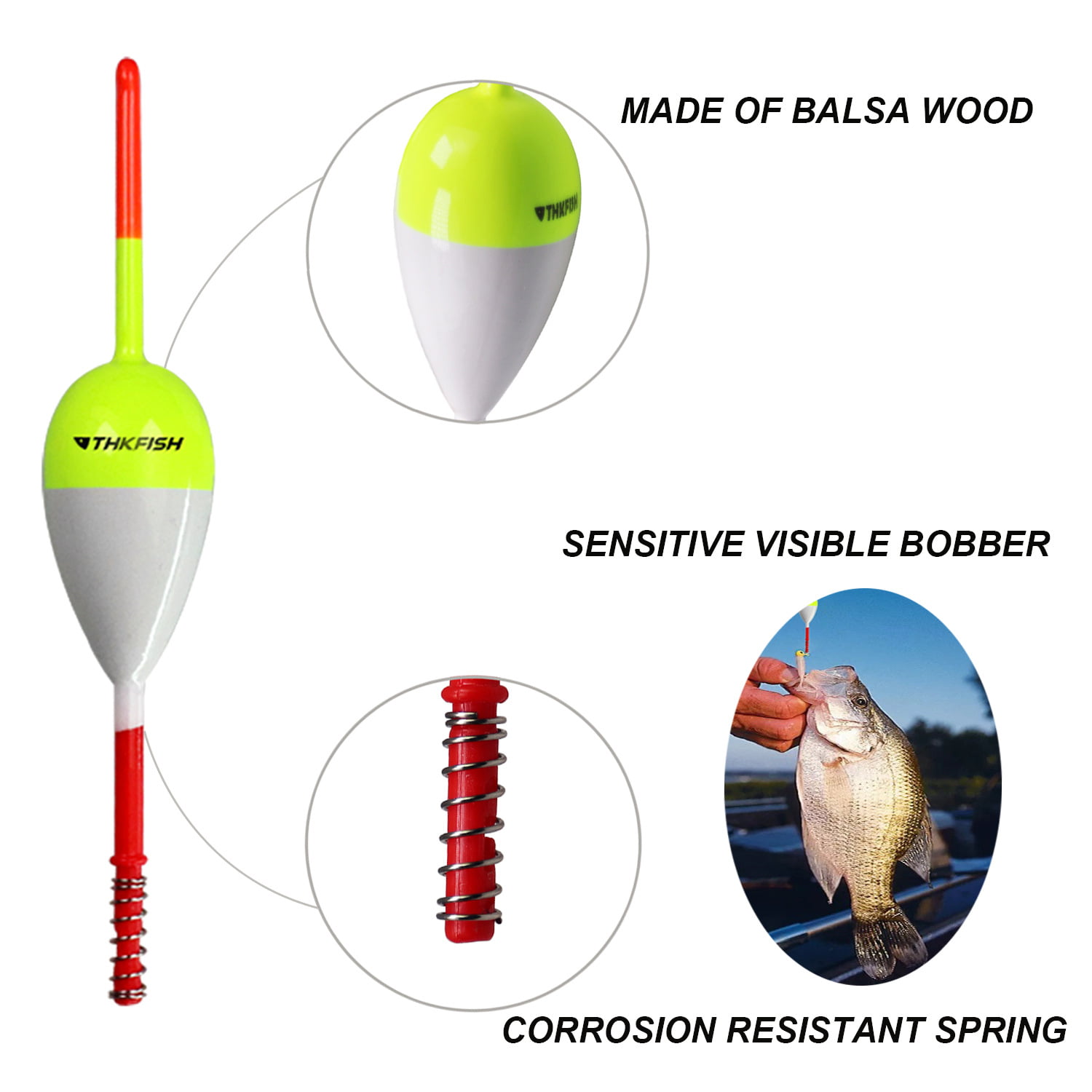THKFISH Fishing Floats and Bobbers Balsa Wood Floats Spring Bobbers Oval  Stick Floats Slip Bobbers for Crappie Panfish Walleyes 2X1.14X5.86  5pcs 