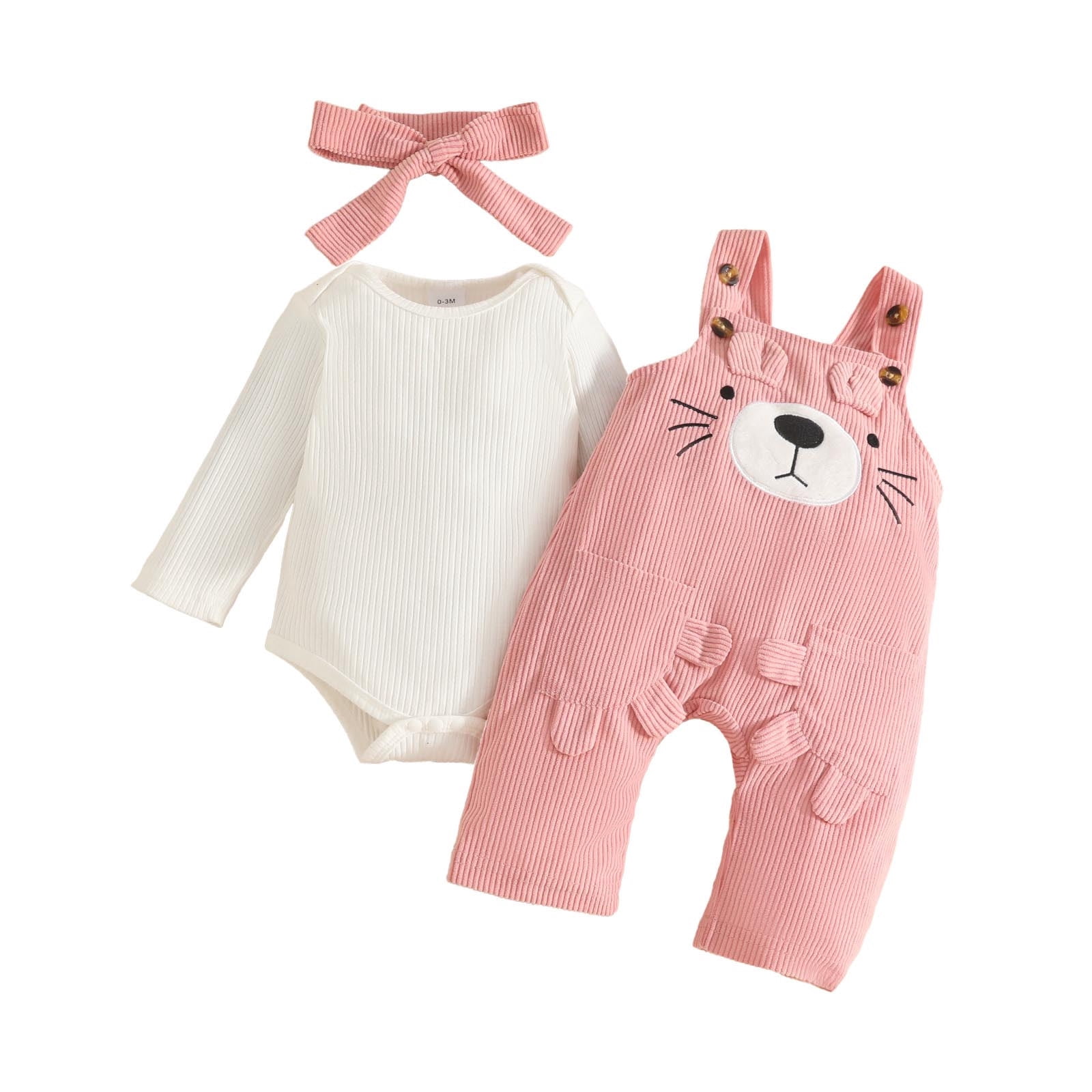 THDHVS Newborn Girl Outfits,Girls' Clothing Sets,Bear Embroidered Overalls Set with Ribbed Bodysuit and Headband for Baby Girl Cozy Outfit 0-3 Months