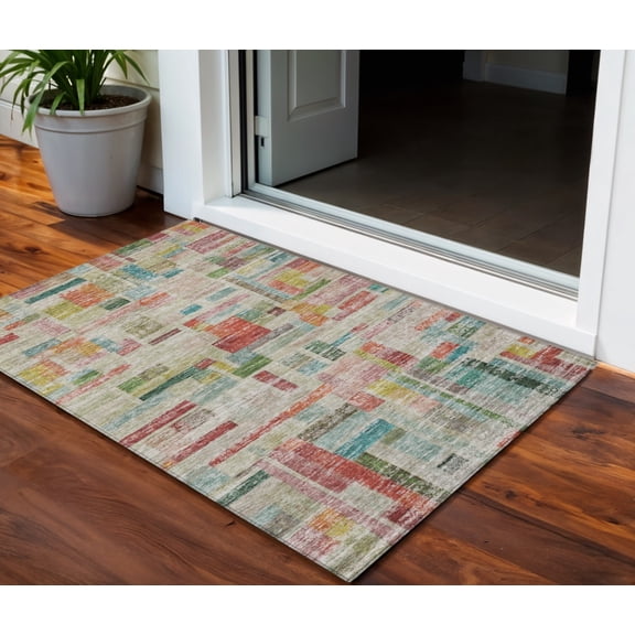 HomeRoots 603521 3 x 5 ft. Terra Cotta, Green & Brown Striped Washable Indoor & Outdoor Rectangle Area Rug