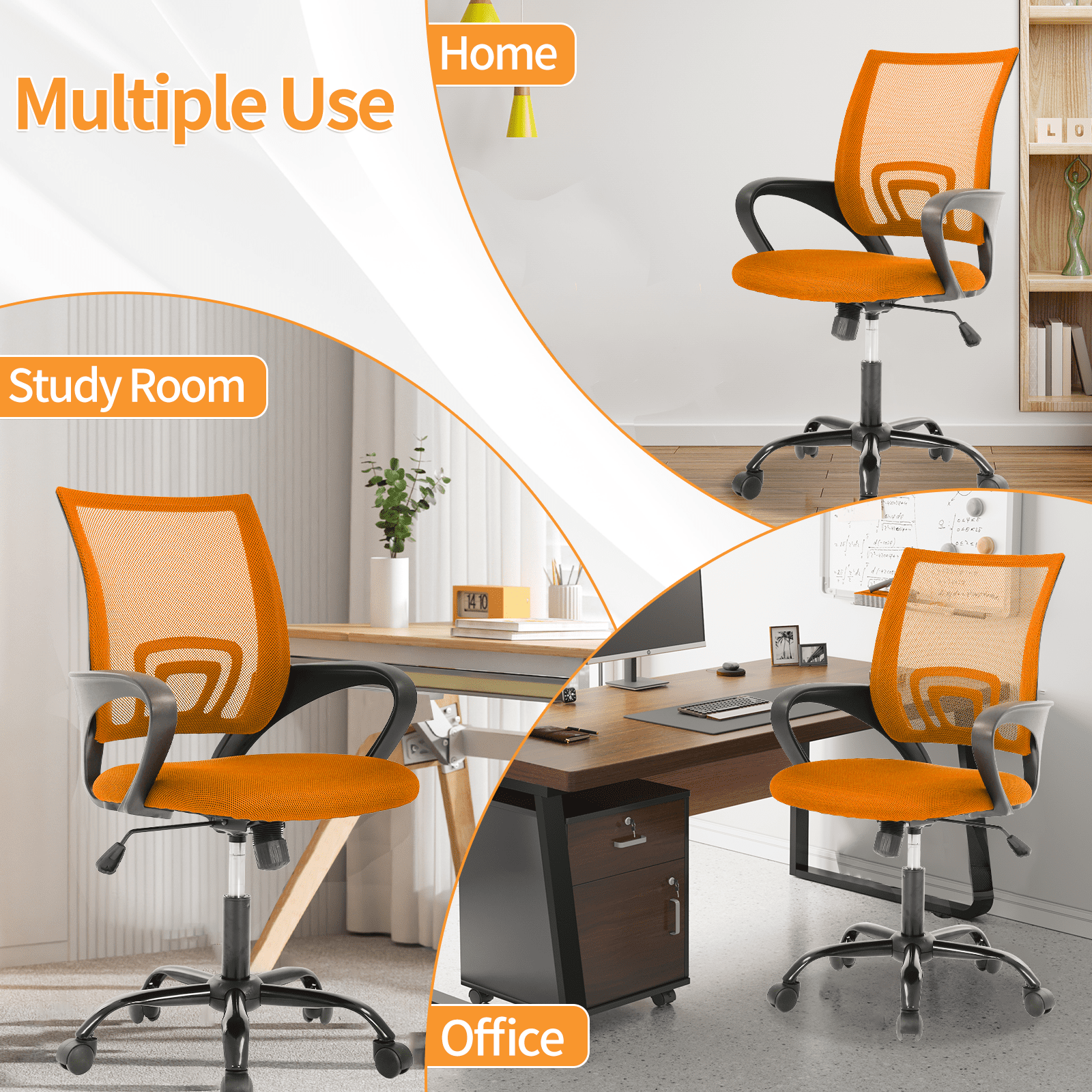 Mid Back Desk Chair Mesh Office Chair Height Adjustable Computer Chair Comfortable Seat & Back Support Ergonomic Task Rolling Swivel Chair with 360 Degree Casters & Armrest,Orange