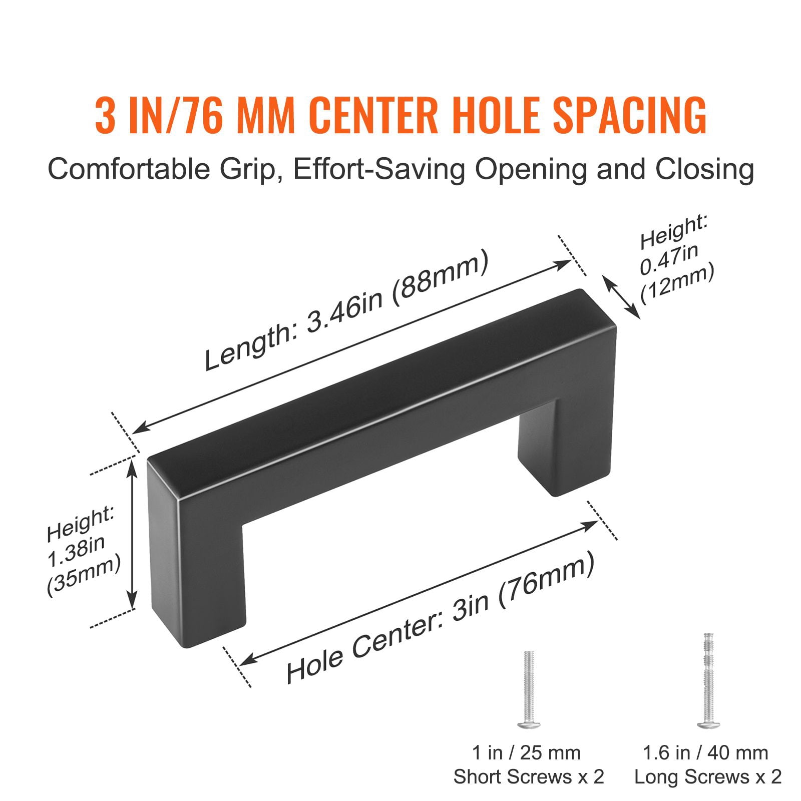 Modern 3 Inch Cabinet Pulls 10-Pack, Matte Black Square Handles for Kitchen Drawer & Bathroom Cupboard – 76mm Center-to-Center, Stainless Steel