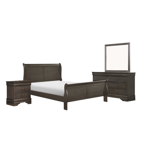 Fy Four Piece California King Bedroom Set, Brass Metal Handles, Stained Gray