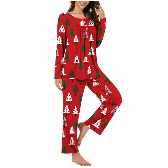 asdoklhq Christmas Pajamas for Women Womenfashionable and Casual Loose Printed Round Neck Button Up Long Sleeved Pants Pajama Set Red 2X