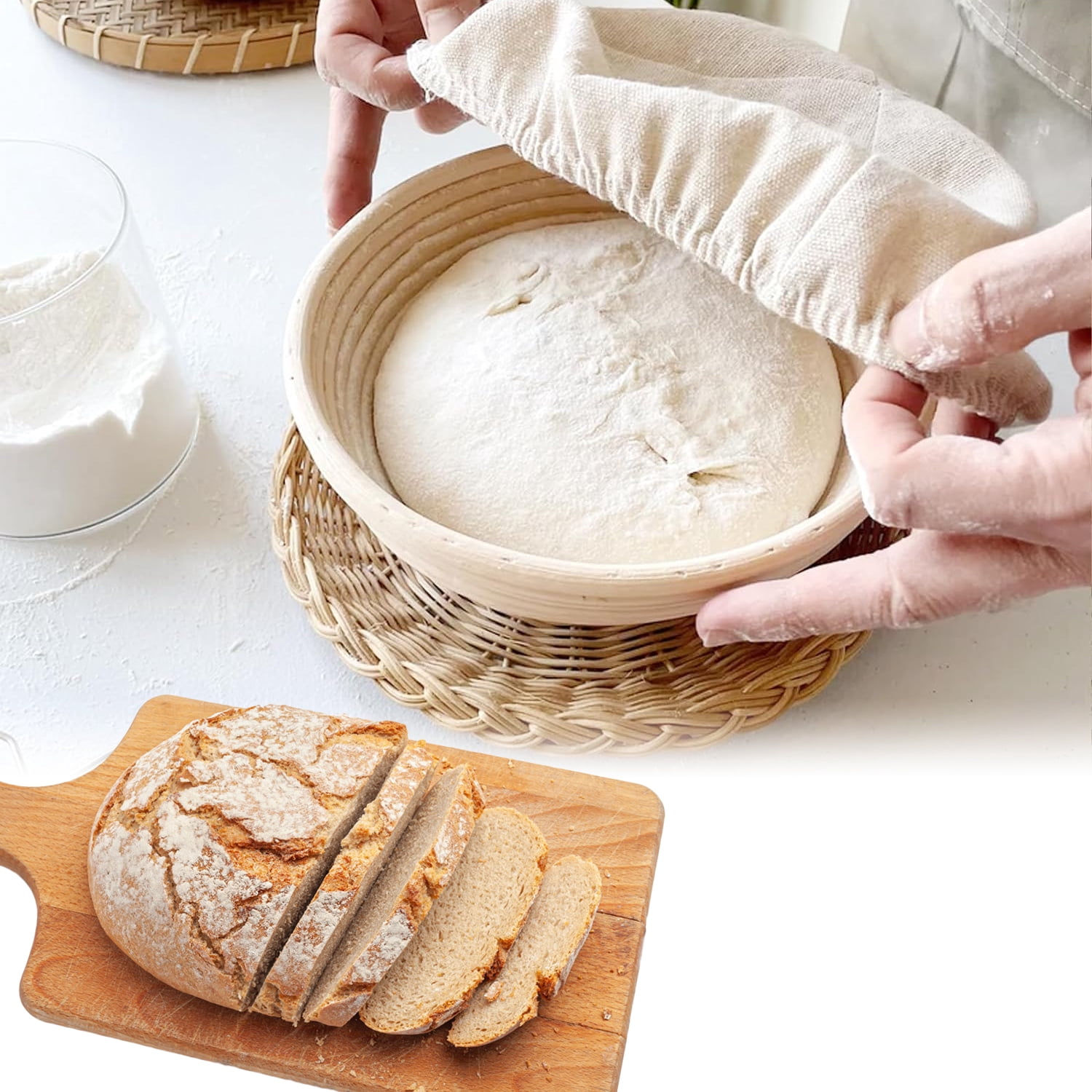 Banneton Bread Proofing Basket 2 Pcs 8.5-inch Round Rattan Bread Bowls with Linen Liners for Artisan Sourdough Bread Making for Home Bakers and Professionals